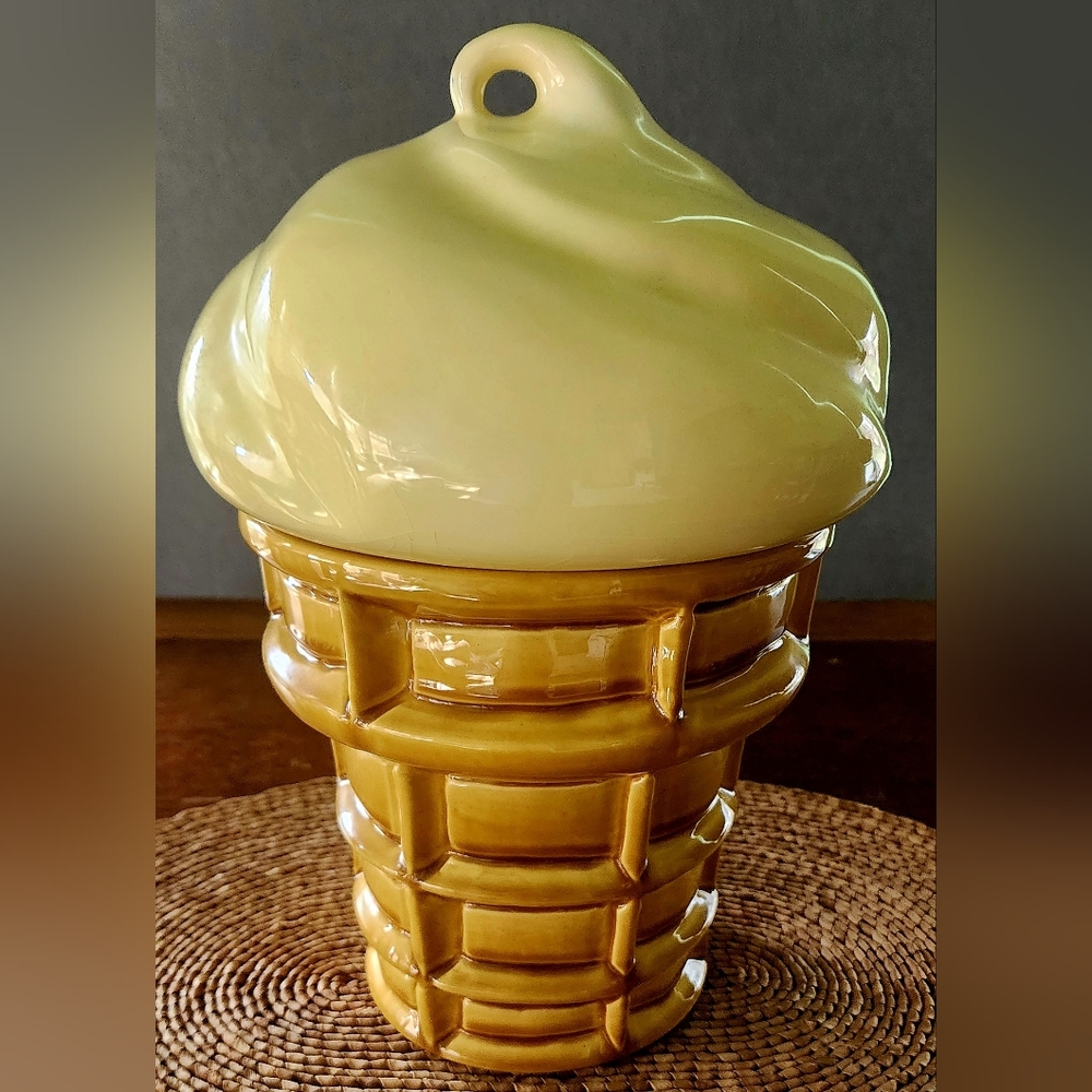 Vintage 1970s Yellow Ice Cream Cone Cookie Jar Frozen Custard Canister